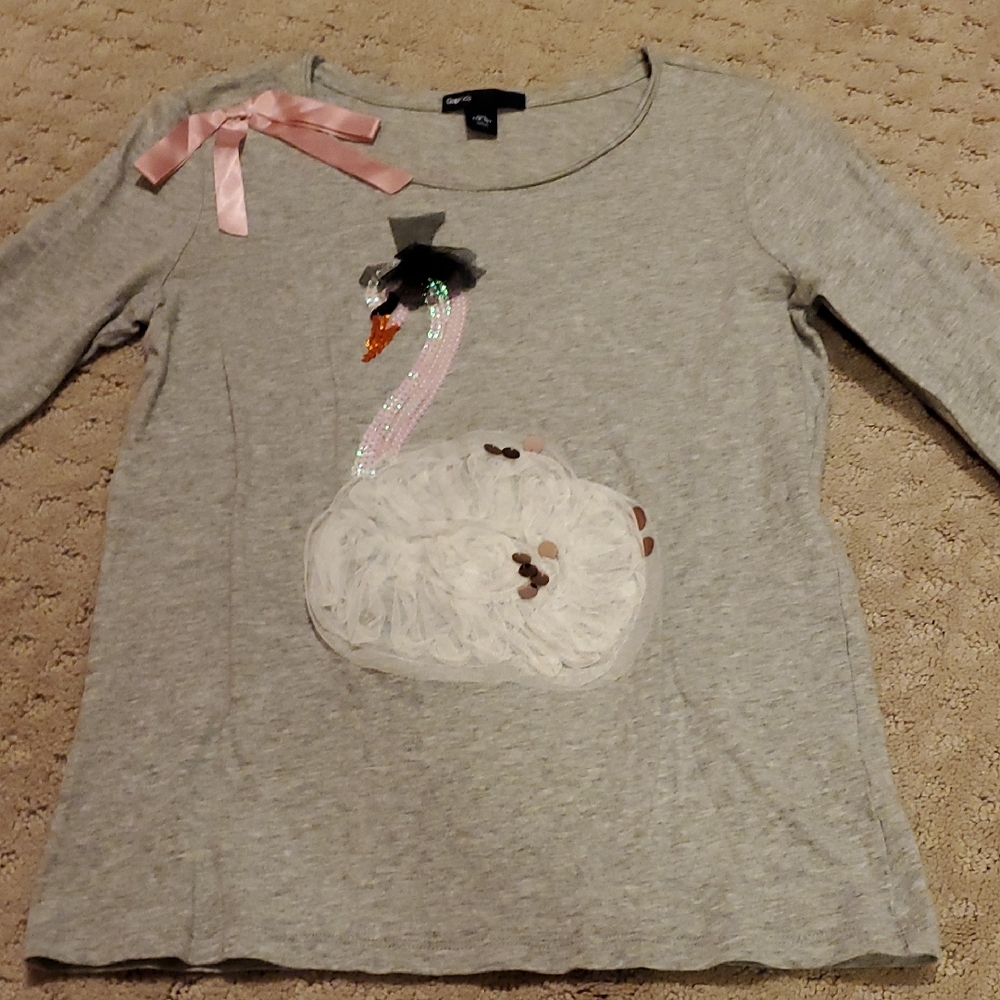 GAP Gray Long Sleeve Swan Tee with Pink Bow Girls Size 14-16